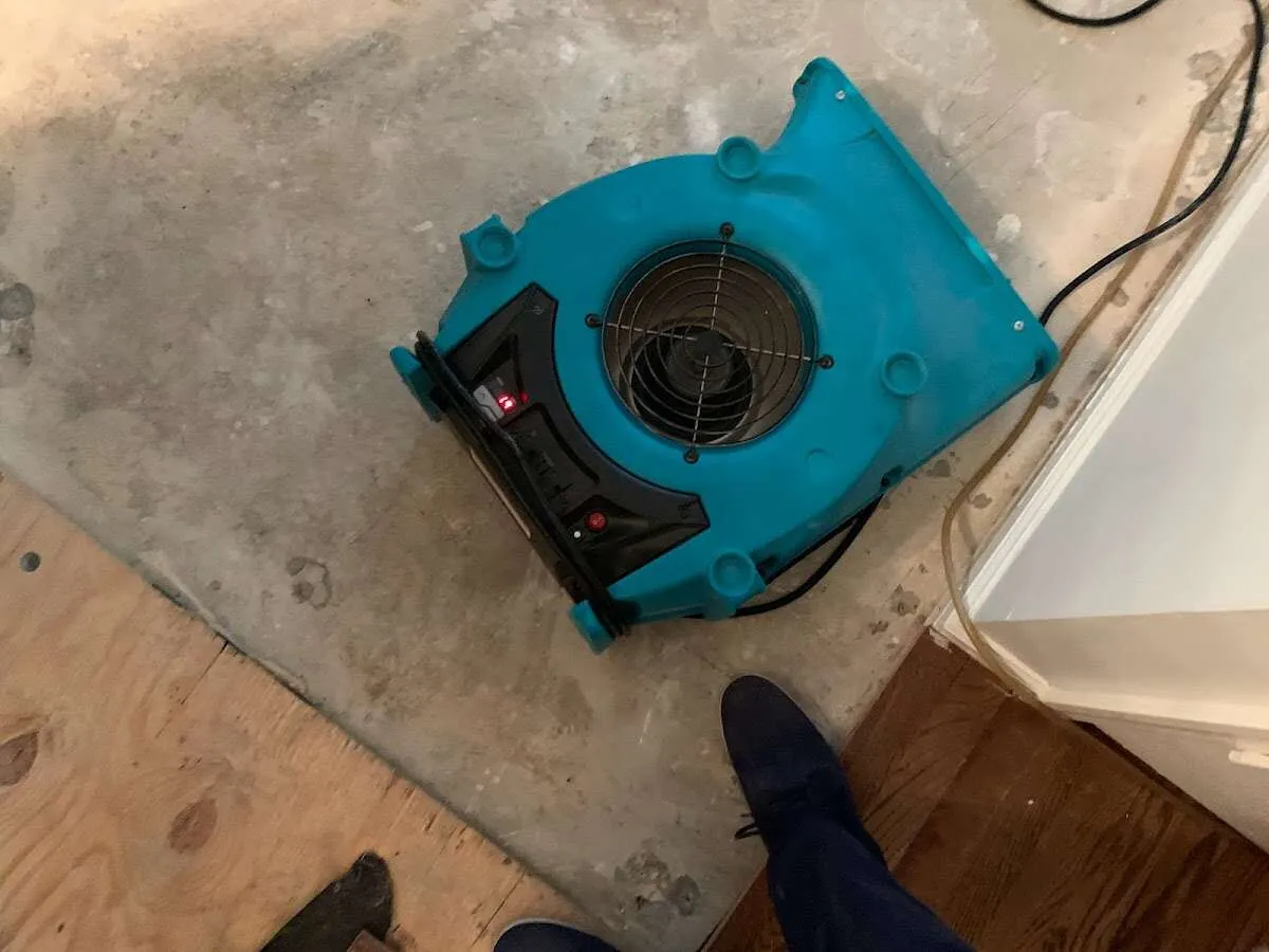 Air mover drying subfloor during Leak Detection & Repair in Laguna Niguel